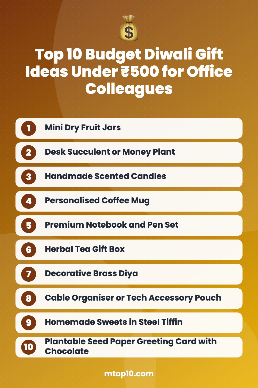 Top 10 Budget Diwali Gift Ideas Under ₹500 for Office Colleagues – quick list infographic