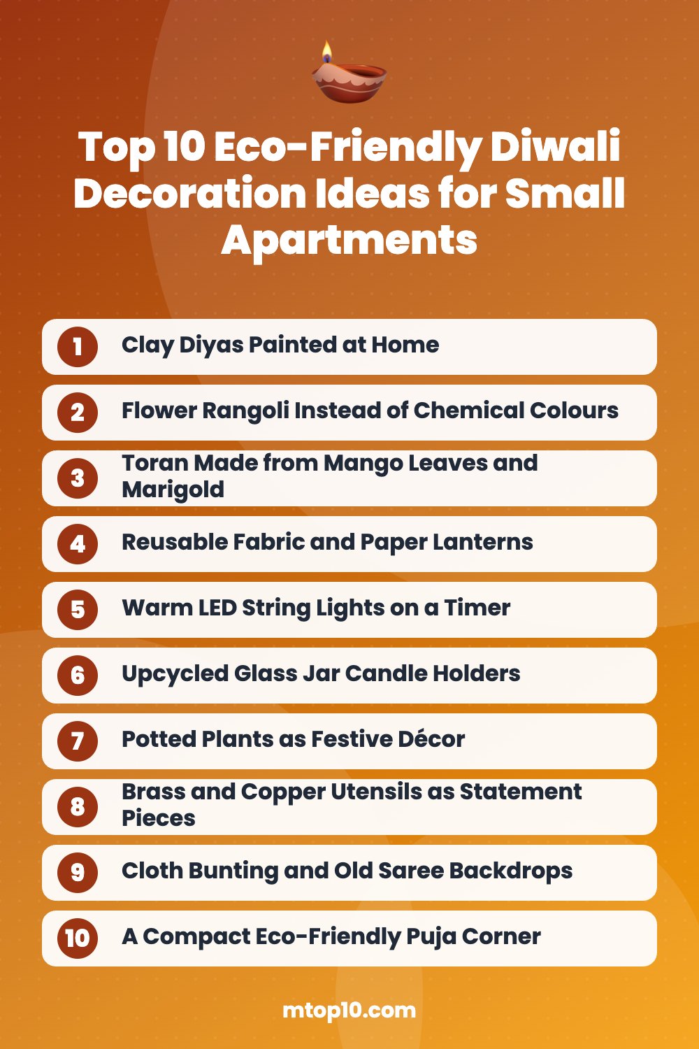 Top 10 Eco-Friendly Diwali Decoration Ideas for Small Apartments – quick list infographic