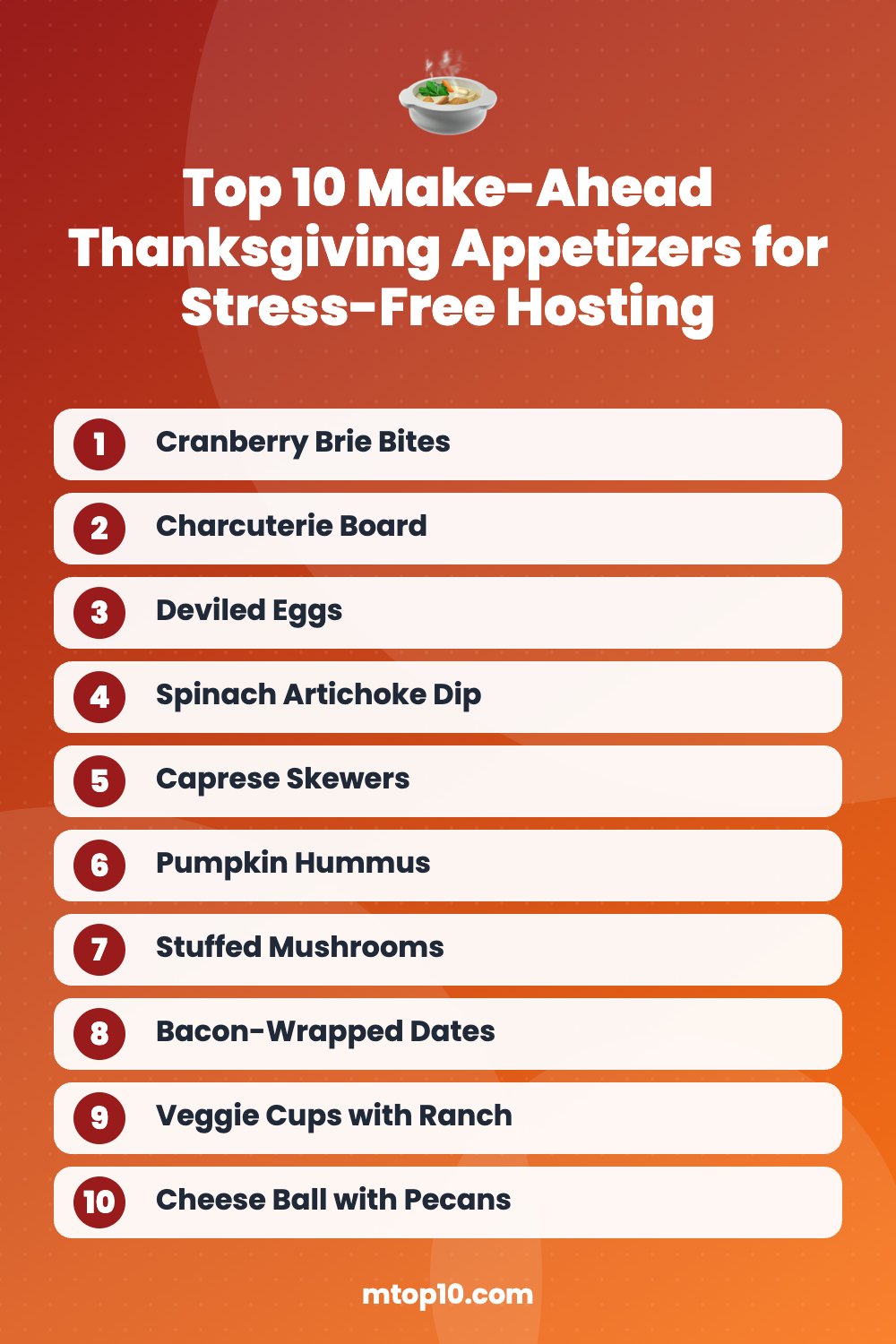 Top 10 Make-Ahead Thanksgiving Appetizers for Stress-Free Hosting – quick list infographic