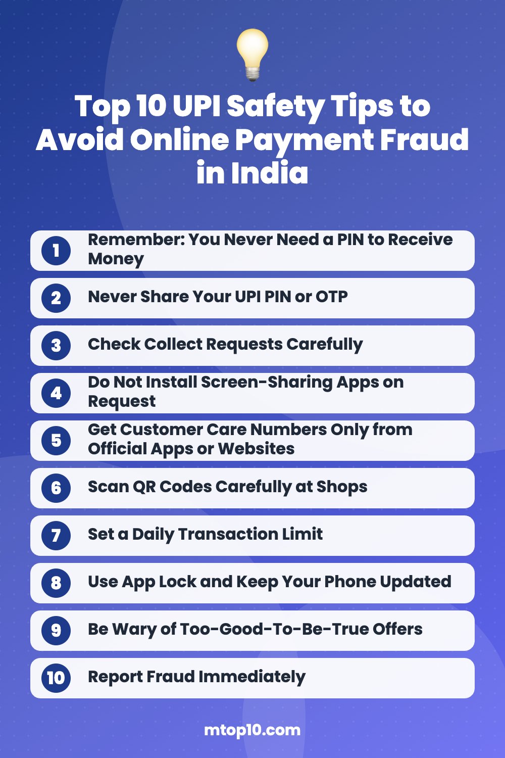 Top 10 UPI Safety Tips to Avoid Online Payment Fraud in India – quick list infographic